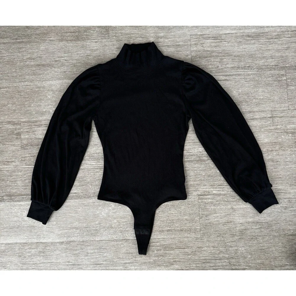 NWT Madewell Ribbed Puff-Sleeve Turtleneck Bodysuit Black Size M Long Sleeve